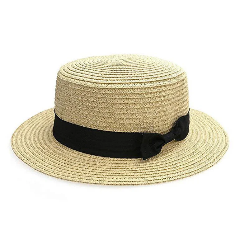 

2019 Parent-child Summer Hat Beach Straw Hat Panama Ladies Cap Girls Handmade Casual Flat Brim Bowknot Sun Hats for Women Black