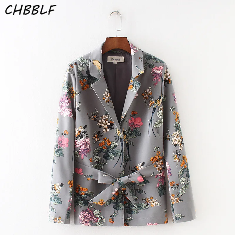 

CHBBLF women vintage floral blazer Notched collar long sleeve sashes coat retro ladies casual chic outerwear casaco FGF440