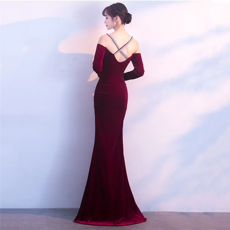 Женское бархатное платье с V образным вырезом и длинным рукавом|robe femme ete|club dressdress