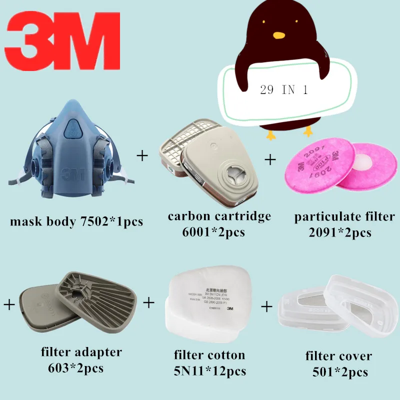 

29 in 1 3M 7502 Professional Gas Mask Respirator 6001 Double Activated Carbon Filters Paint Woodworking Protective Dust Mask