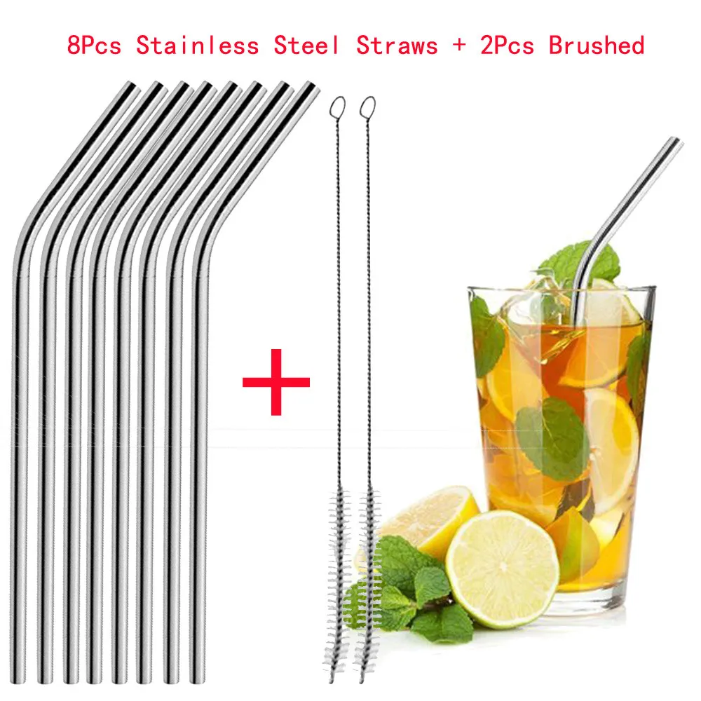 

8 Long Reusable Drinking Straw Metal Straw With Cleaner Brush Fits 20 Oz & 30 Oz Cups Brushed Included
