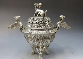 

8" China silver handwork carved phoenix censer Foo Dog incense burner Statue