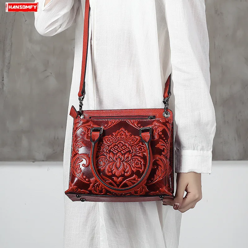 

2019 new women handbag retro ethnic style ladies shoulder bag female embossed genuine leather flowers small messenger bag