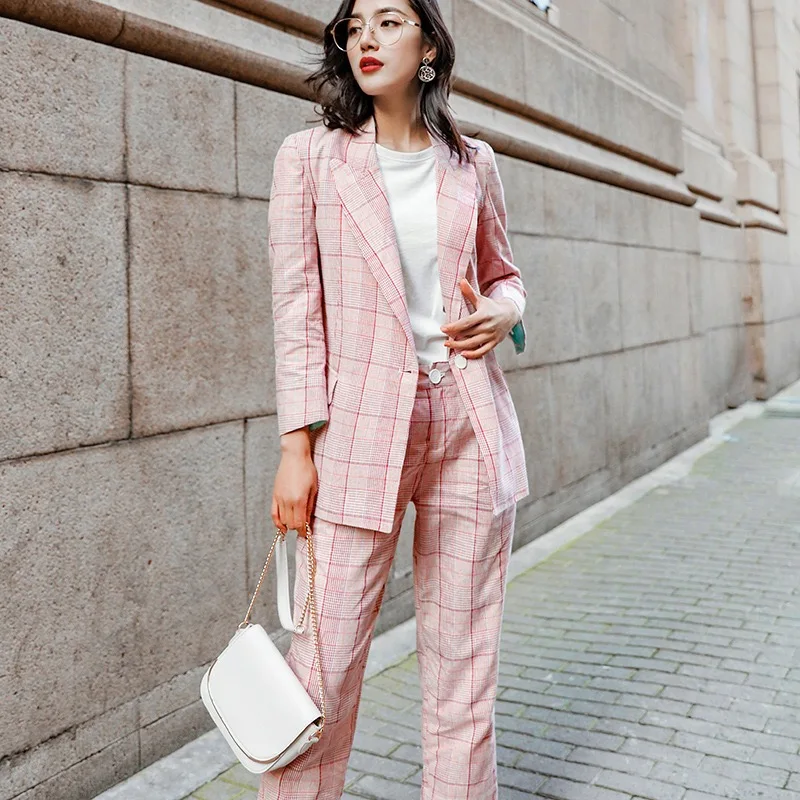 

2019 Spring Summer Original Design Gloria&Grace Pink Plaid Print Office Lady Elegant Sweet Fashion Suit Haute Couture