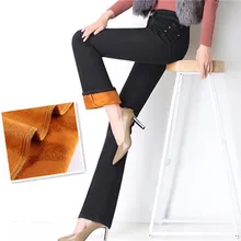 Зимние Утепленные расклешенные джинсы размера плюс с высокой талией, Эластичные Обтягивающие теплые джинсовые брюки для женщин