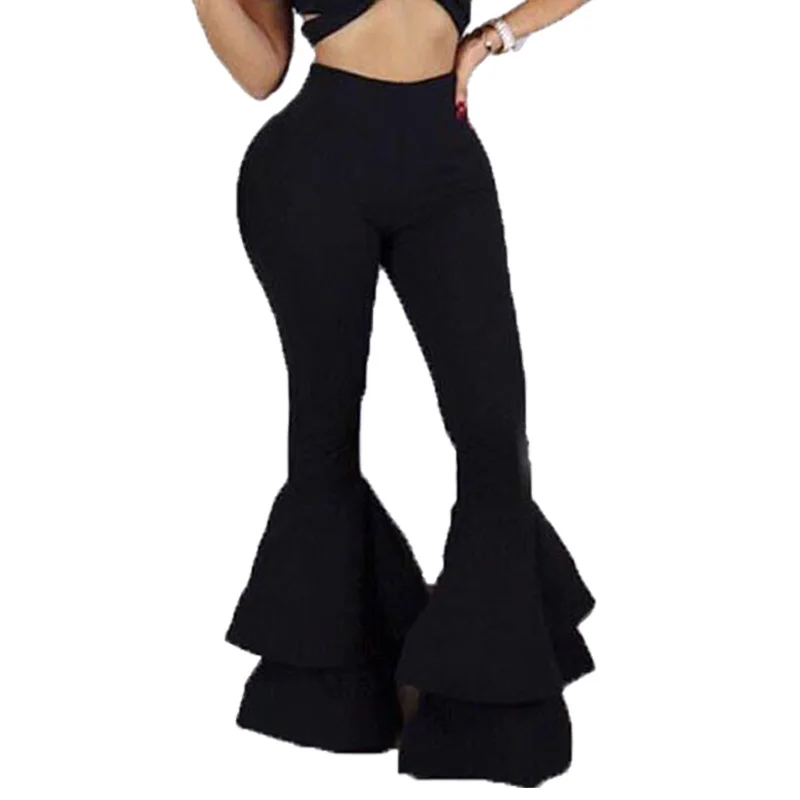 

Black Flare Pants Women Aututmn Winter 2019 Fashion Stretch Layered Ruffle Pants Skinny Trousers High Waisted Bell Bottoms Pants