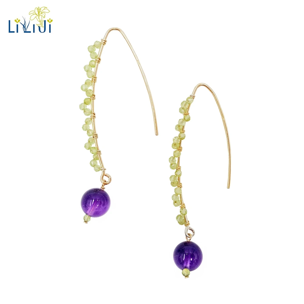 

LiiJi Unique Natural Peridots,Amethysts 925 Sterling Silver Gold Color Shining Dangle Earring Women Jewelry Nice gift for Girl