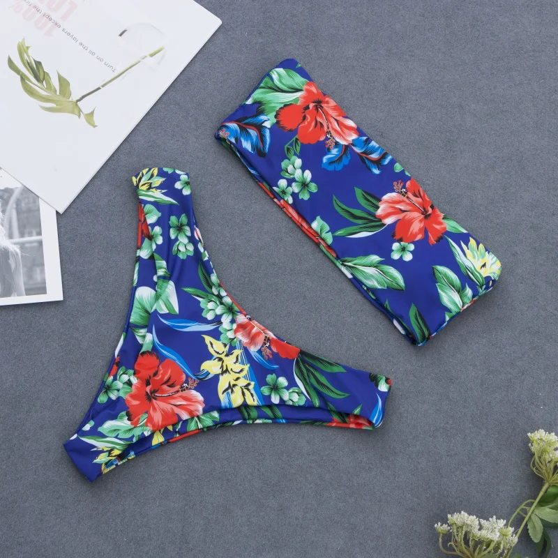 Bandeau Bikinis Set Women 2019 New High Waisted 2 Pcs Swimwear Sexy Floral Printed Push Up Swimsuit High Cut Biquinis Black