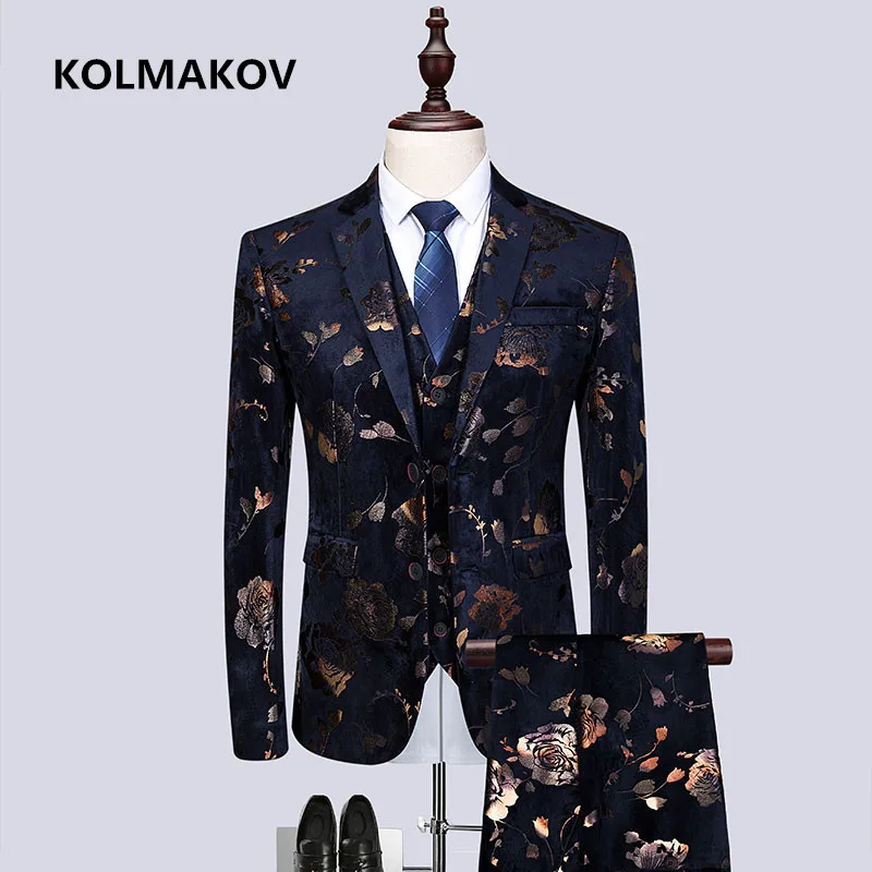 

(Jacket+Vest+Pants)spring 2019 New style High quality printing Men Suits Fashion Men's Slim Fit business weddingSuit casual suit