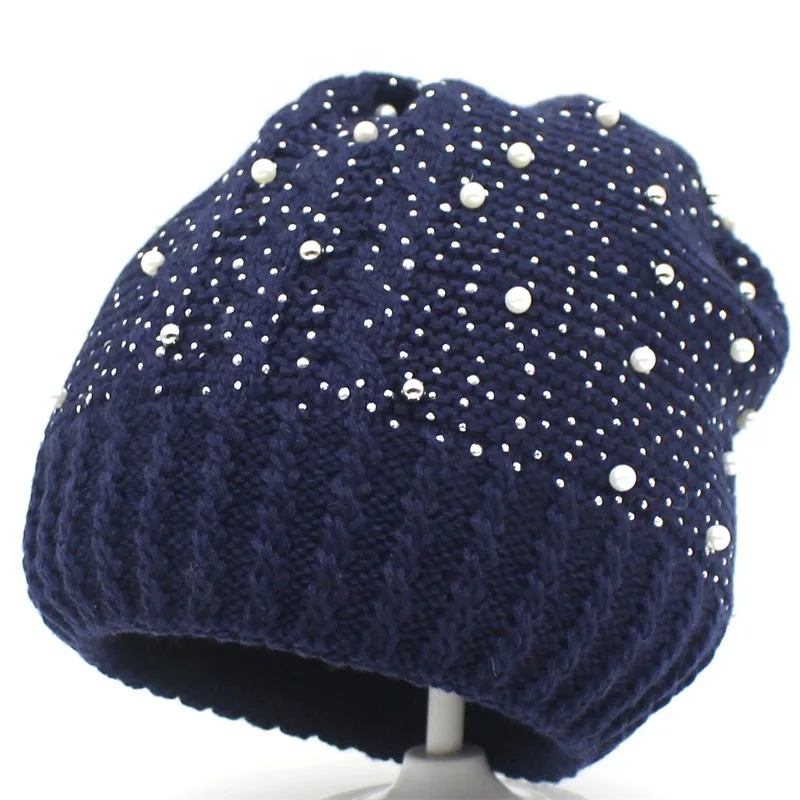 Новые шерстяные шапки для ногтей, жемчужная вязаная шапка, верхняя крышка для обогрева, осенне-зимняя белая шляпа - Цвет: Синий