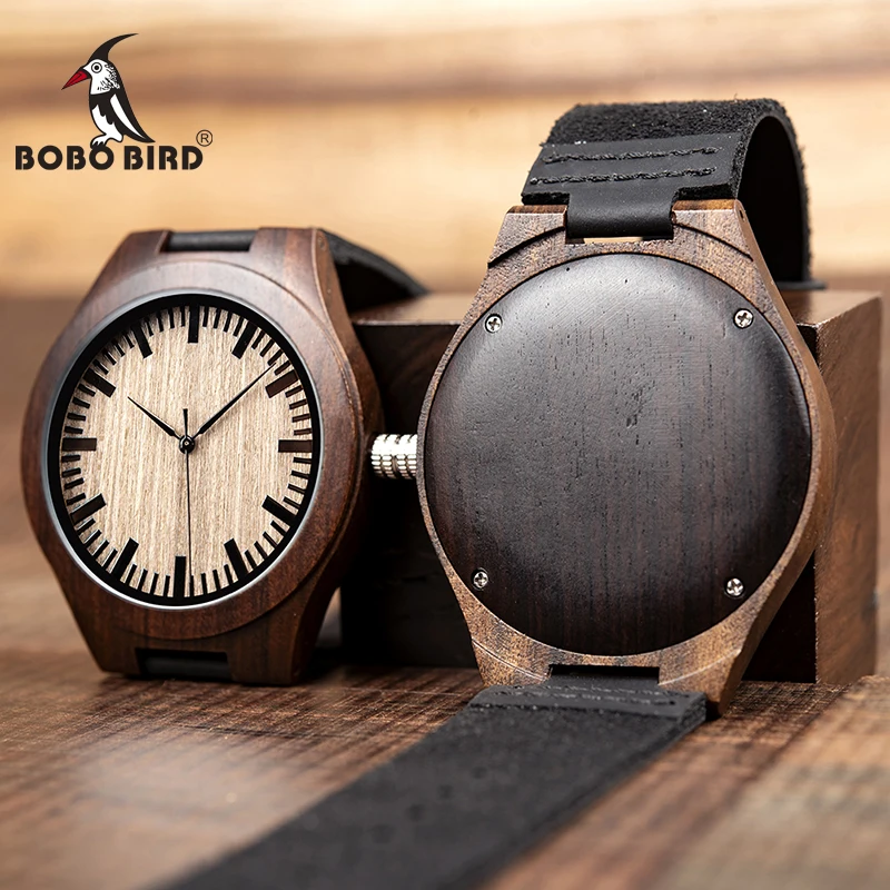 BOBO BIRD Fashion Classic Men Wood Watch Ebony Handmade Quartz Wristwatch Timepiece Best Gift erkek kol saati In Box L-F08