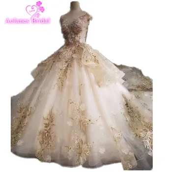 

Champange and Gold Lace Prom Evening Dresses Tulle Ball Gown Cap Sleeves Beading Crystals Backless robe longue mousseline Prom