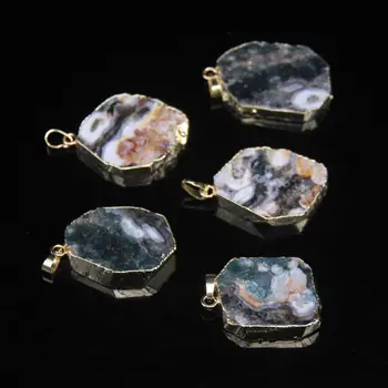 

5pcs Natural Color Ocean Agates Raw Slab Beads Gold Edges Pendants Necklace,Ocean Jaspers Slice Nugget Charms Jewelry Supplies