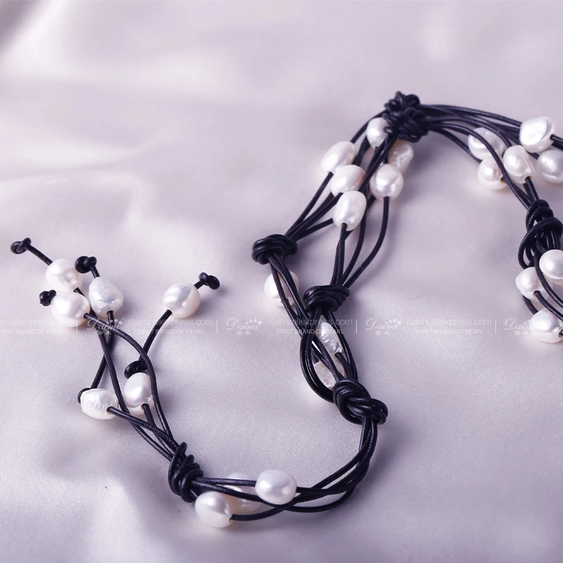 DAIMI 9-10 мм натуральный барочный жемчуг и кожа Ожерелье Белый Черный ювелирные изделия длинное жемчужное ожерелье