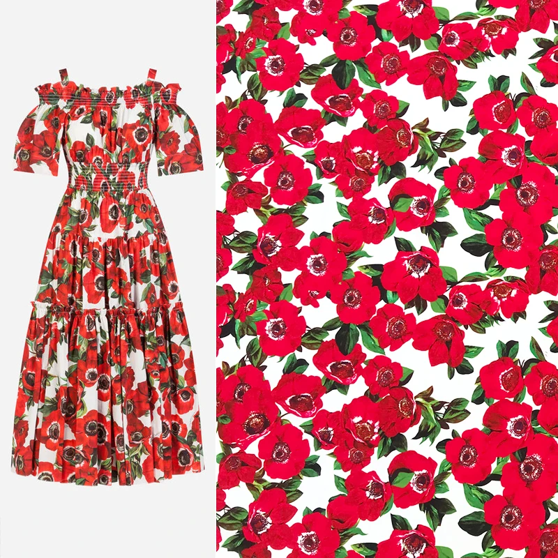 

145cm Width An Anemone Print White Four Way Stretch Polyester Fabric for Woman Summer Dresses Skirts Blouse Pants DIY-AF960