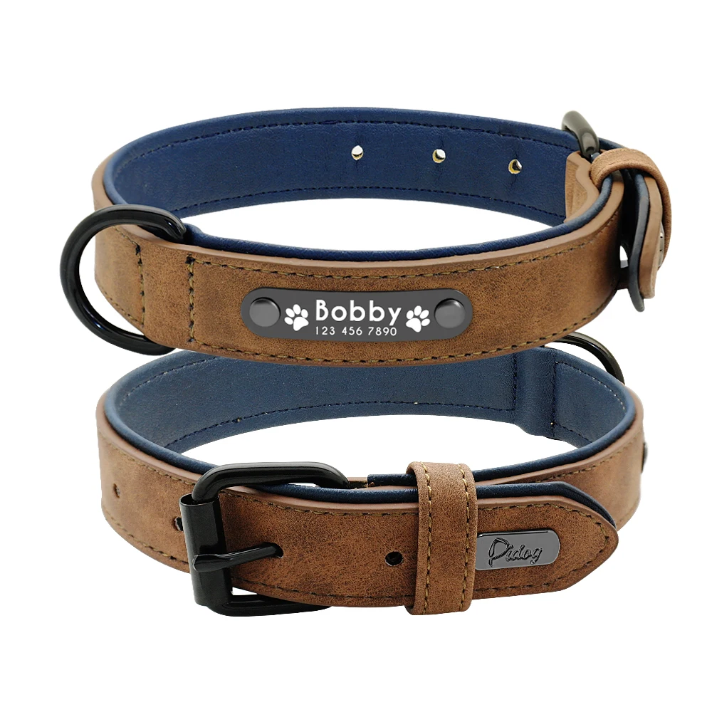 Personalized Dog Collar and Leash Leather Padded Customized Engraved Dogs Collars Lead Rope Set Bulldog Pitbull Dog Collars medium Dog Collars