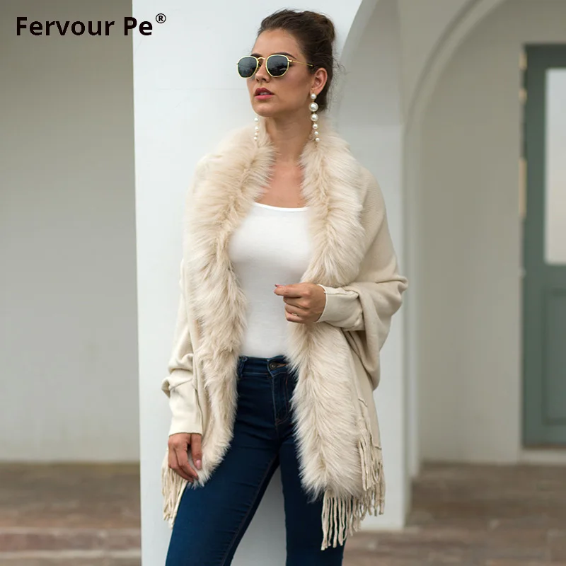 

2019 Autumn winter European American fringed Cape shawl wool collar Cape pure color cardigan sweater MY19041