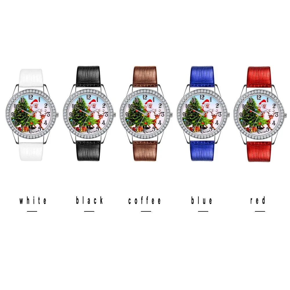 Рождественские часы для женщин для мужчин's дети подарок алмаз кожаный ремешок аналоговые кварцевые Vogue наручные часы Лидер продаж Reloj Mujer