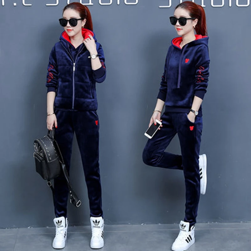 Women Suit Tracksuit Winter 3 Piece Set Hoodies + Vest + Pants Women's Costume Plus Velvet Sporting Suits Female Costume 