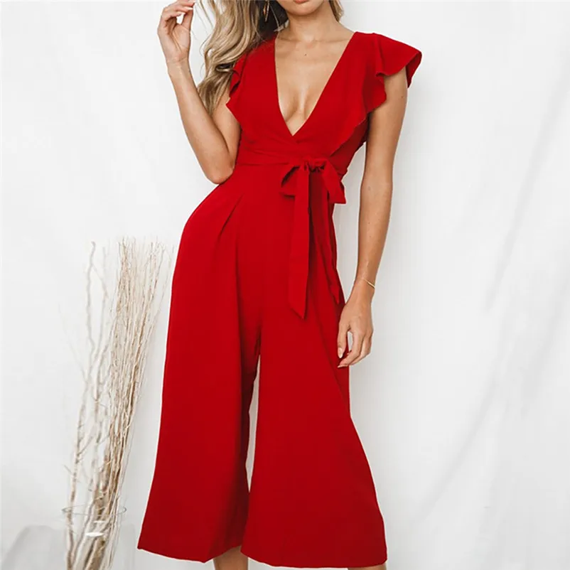 Fashion summer jumpsuit woman 2018 Sexy Deep-V Rompers Solid Short Sleeve Ruffles Long Jumpsuit pantaloni siamesi Y12#N (17)