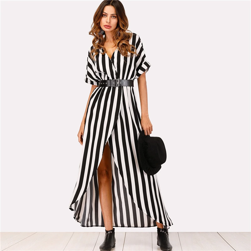2018 Black and White Striped V Neck Chiffon Dress Long Women Sexy Split