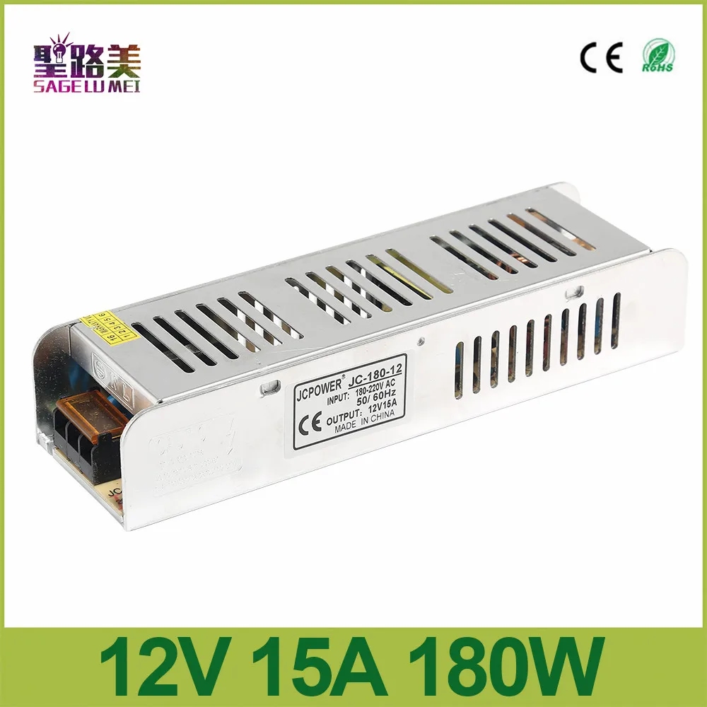 

DC12V 180W 15A Slim Power Supply AC to DC Adapter Switch electronic Driver transformer 5050 3528 LED Strip Light tape AC 220V