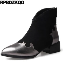 Коренастый Плюс размер черный обувь замша высокое качество больших размеров Ботинки лодыжки для женщин средней пятки 10 Настоящая кожа острый носок зима на каблуке мода женская женский китайский короткая