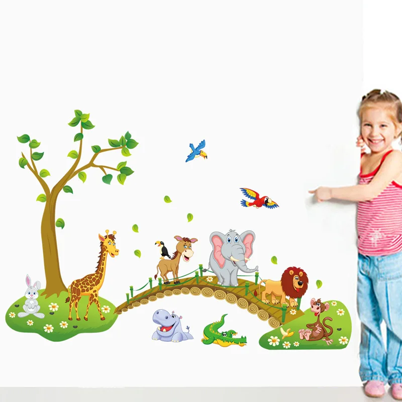

Cartoon Crossing Bridge Animals Wall Stickers for Kids room Bedroom Living room Home Decor Art Decals Mural Removable Poster dc8