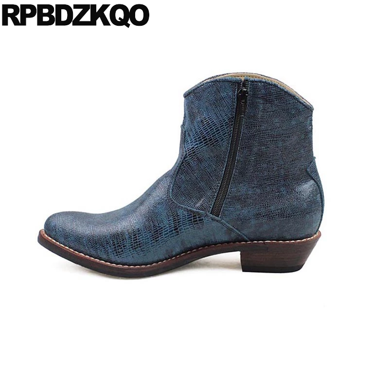 

Blue High Heel Cowboy Boots Mens Genuine Leather Quality Shoes Pointed Toe Ankle Snakeskin Chunky Big Size Cowgirl Plus Western