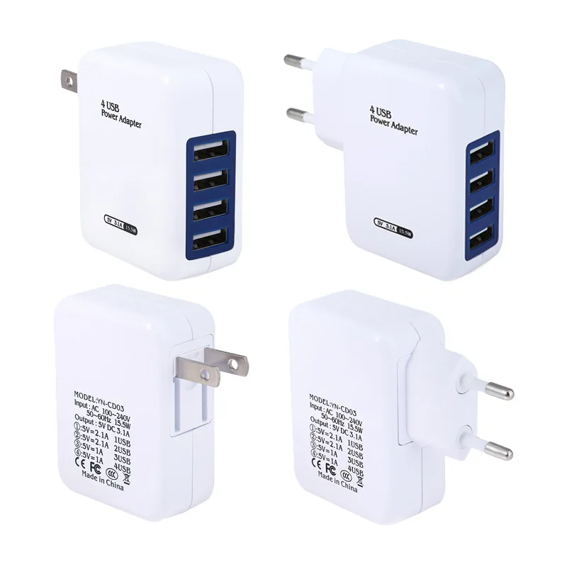 AC/DC Usb Wall Charger for iPhone iPad iPod 5V/1A 5V/2.1A US/EU Plug 4 Ports Usb Power Adapter