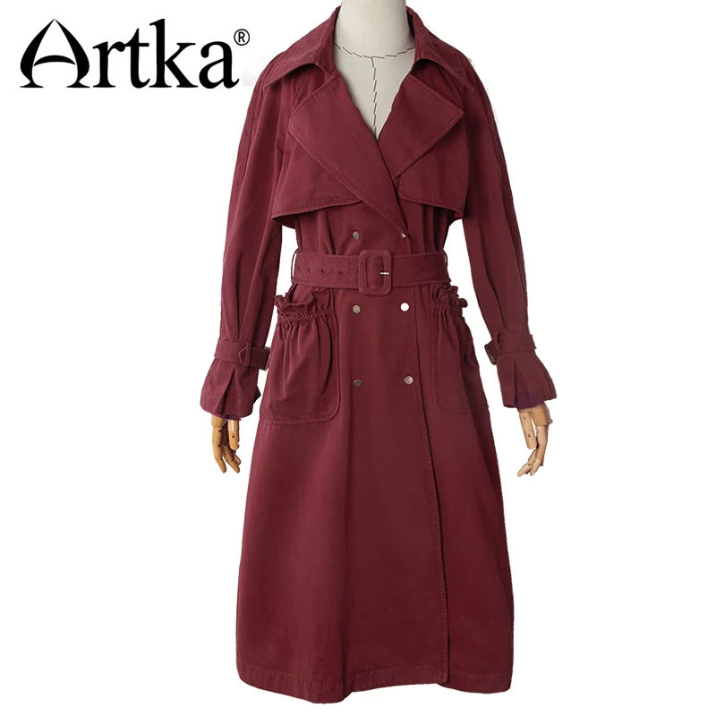 À Trench Femmes Kaki Artka Automne bourgogne Fa10072q Avec Tranchée Double Pardessus Longue Volants Vintage Ceinture Coton Femme Des Élégant Breasted Pw6xR
