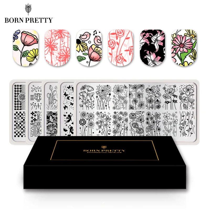 BORN PRETTY 5 Pcs Flower Butterfly Nail Stamping Plate Set Template Rectangle Strip Mandala Nail Art Image Plate