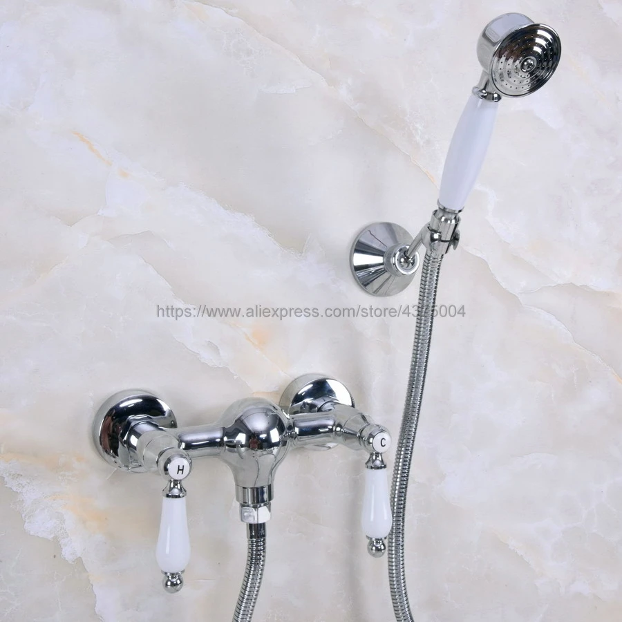 Description Picture 4 of itemWall Mounted Chrome Shower Set Faucet+Bath Tub Mixer Tap+Double Handles Hand Held Shower Head Shower Faucet Sets Nna282
