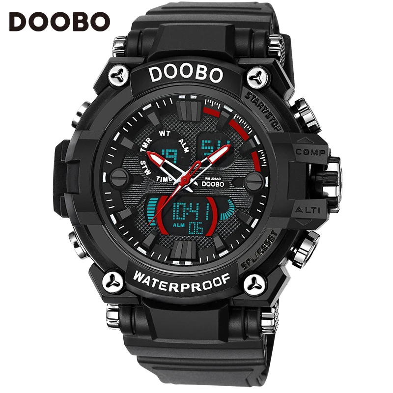 Новые мужские кварцевые цифровые часы мужские спортивные часы Relogio Masculino DOOBO S Shock Relojes светодиодный военный водонепроницаемый наручные часы - Цвет: Red