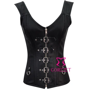 

Latex Gothic Zipper Buckle Strap Overbust Bustiers &Corsets Women Sexy Steel Boned Leather Black Corset Top Female Bodice Shaper