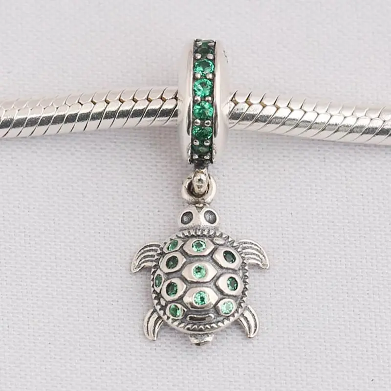 

Authentic 925 Sterling Silver Bead Charm Cute Tortoise With Green Crystal Pendant Beads Fit Pandora Bracelet Bangle DIY Jewelry