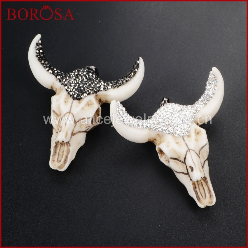 Us 2024 12 Offborosa Resin Tanduk Kerbau Sapi Longhorn Banteng Pendant Kristal Berlian Imitasi Pave Hitamputih Zircon Kepala Fashion Perhiasan