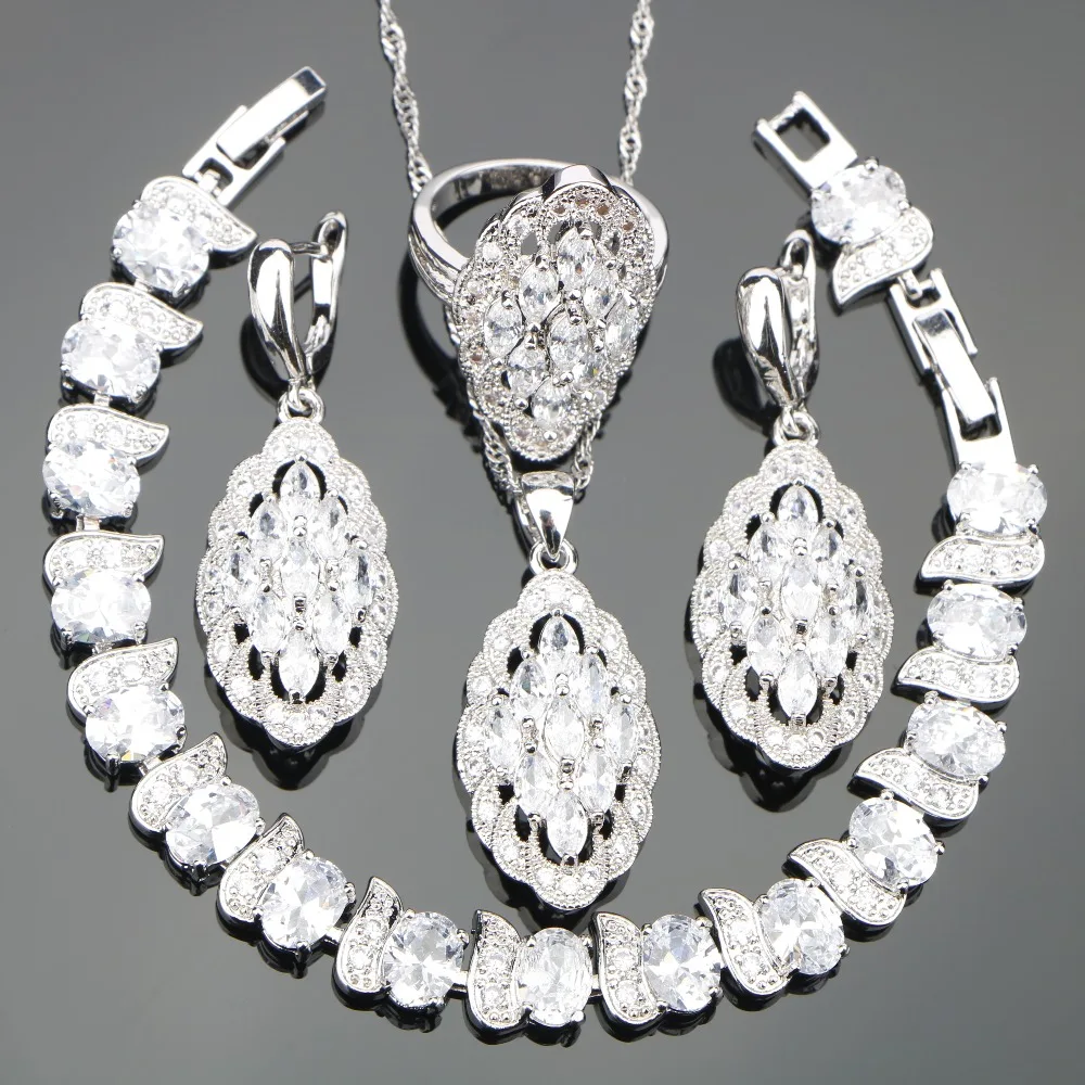 White Zircon Silver 925 Costume Jewelry Sets Women Bracelets Necklace