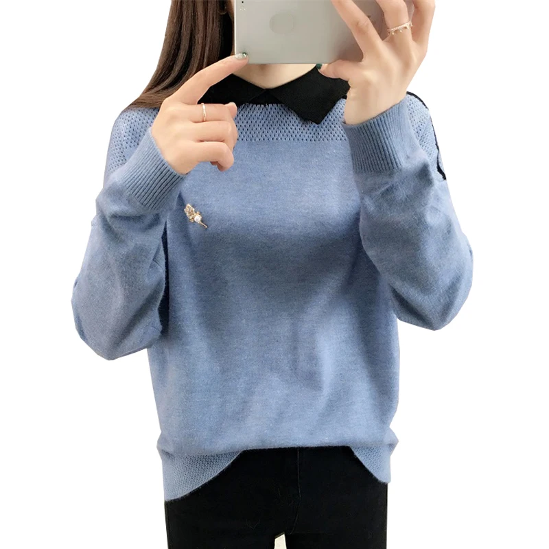 

2019 New Autumn Women Elegant Knitted Sweaters Long Sleeve Square Collar Patchwork Pullovers Slim Hollow Out Sueter Mujer