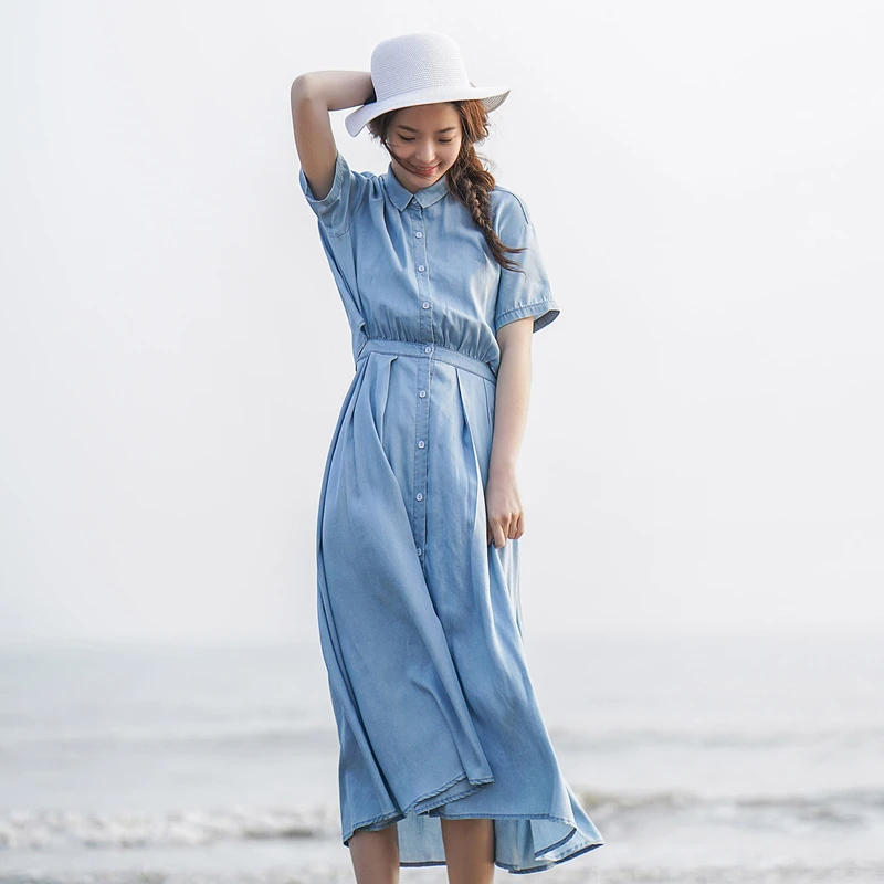 

INMAN 2019 summer new the design of the back hollowed-out Fake two pieces denim dresses women