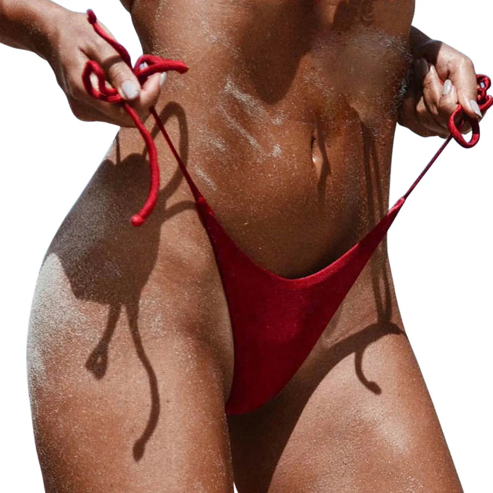Сексуальные женские бразильские бикини с низкой талией, шорты с завязками по бокам, одноцветные купальники на бретелях, летние пляжные трусы - Цвет: Красный
