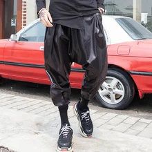 Мужские черные брюки из искусственной кожи в стиле хип-хоп, повседневные шаровары с заниженным шаговым швом, Sz M-2XL, длина по щиколотку