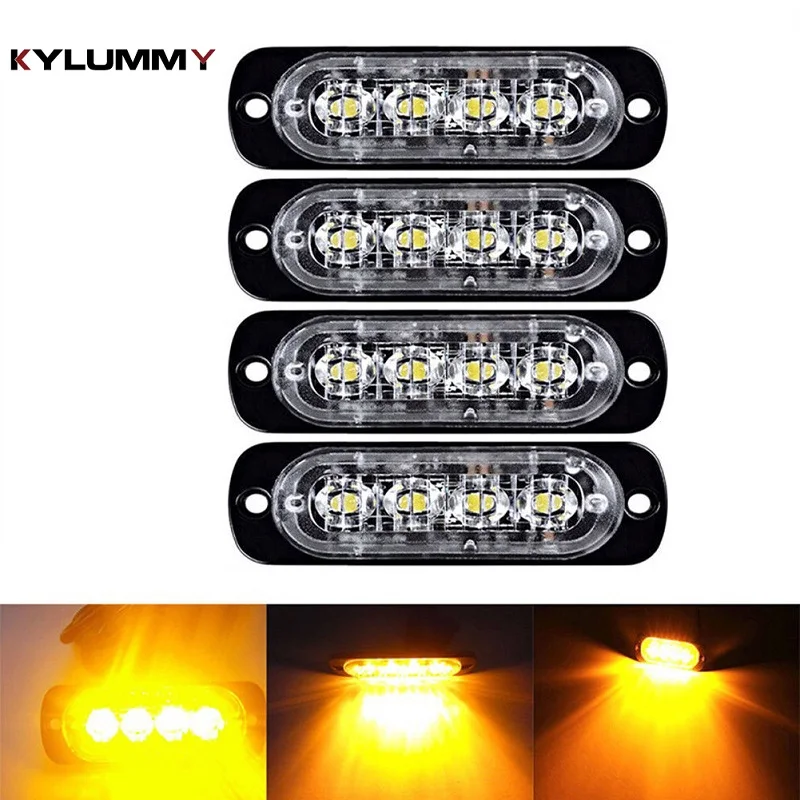 

4pcs Car Flashing Warning Light 4 Led Marker Emergency Strobe Grille Bar 12V 24V 12W Super Bright Car Truck Beacon Lamp White