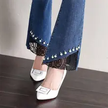 С кружевом, с жемчугом, новые Женские ботинки свободный крой джинсы большого размера, расклешенные штаны для девочек Офисные женские туфли Брюки на весну и осень Большой размер 40