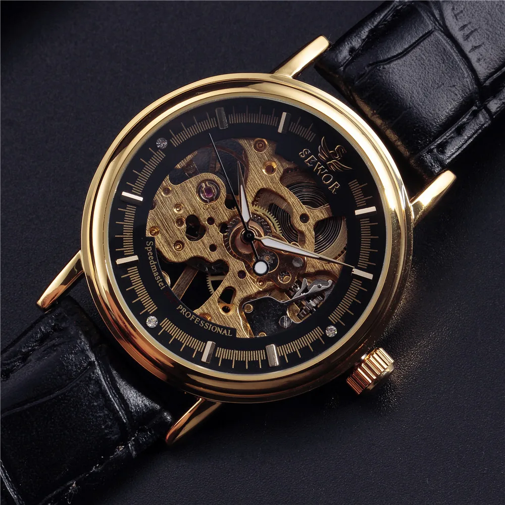 Koop 2018 SEWOR Hollow Mechanische Hand Wind Mannen Vrouwen Horloges Classic Carving Skeleton Gold Dial Lederen Band Polshorloge