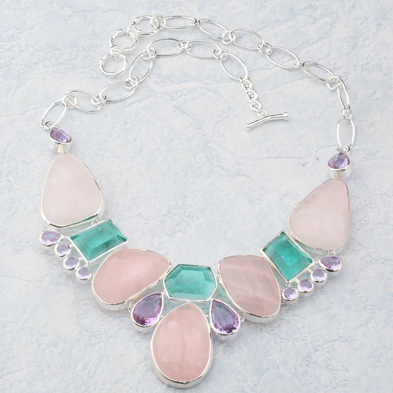 

Luxurious Natural Gemstoes Rose Gems Champagne Morganite Peridot 925 Sterling Silver Link Chain Grade Necklace N001