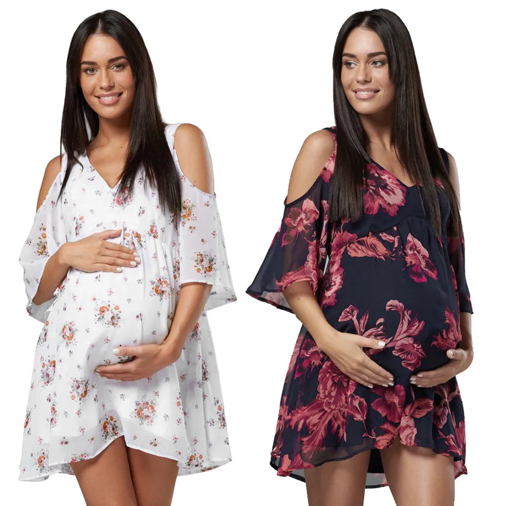 

MUQGEW Fashion Mother Maternity Dress Beach Sundress Breastfeeding Cut Out Shoulders Floral Dress 2019 summer maternity dress