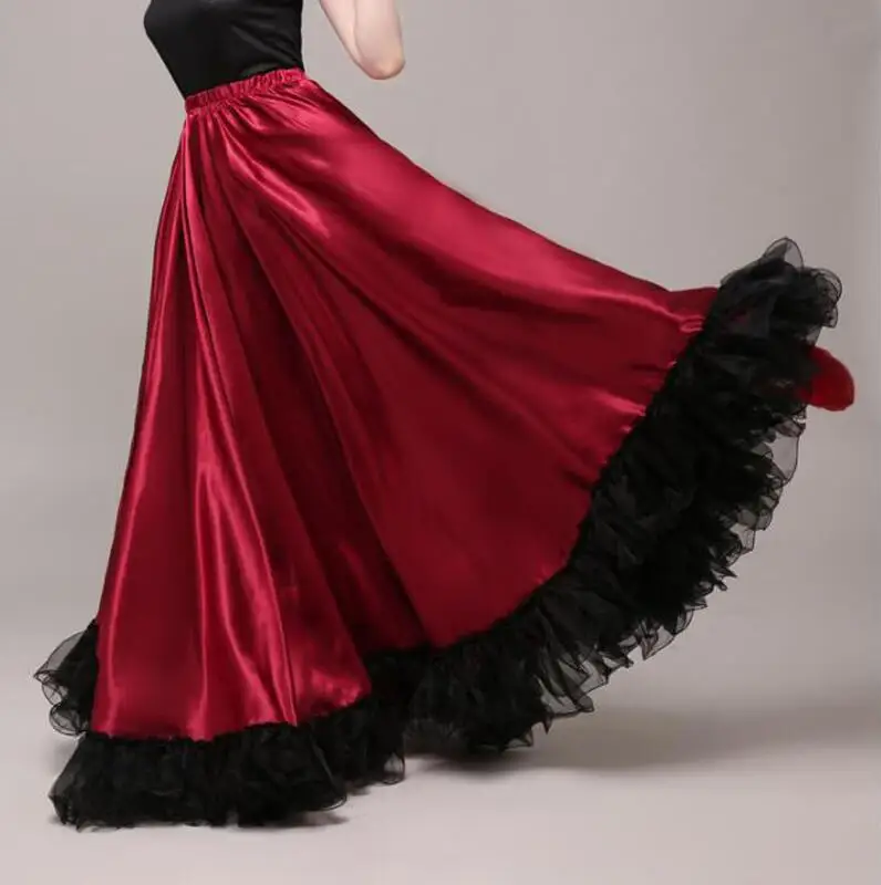 Танцевальная юбка для фламенко, золотой испанский танцевальный костюм для выступлений, женское платье для фламенко, 360-720 градусов размера плюс - Цвет: Wine Red 360 Degree
