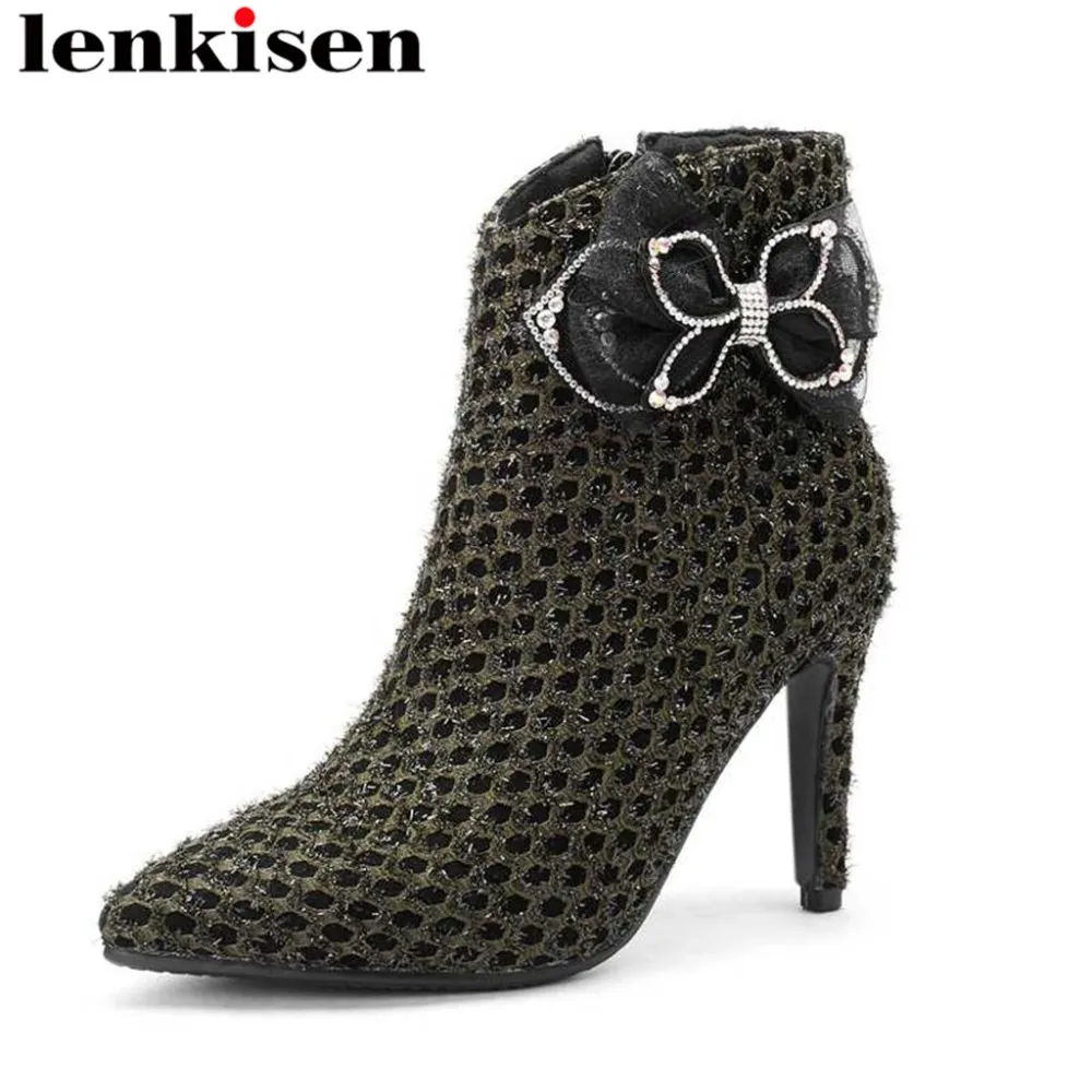 

2018 office lady natural leather super high stiletto heels pointed toe zip butterfly-knot sexy runway big size ankle boots La3