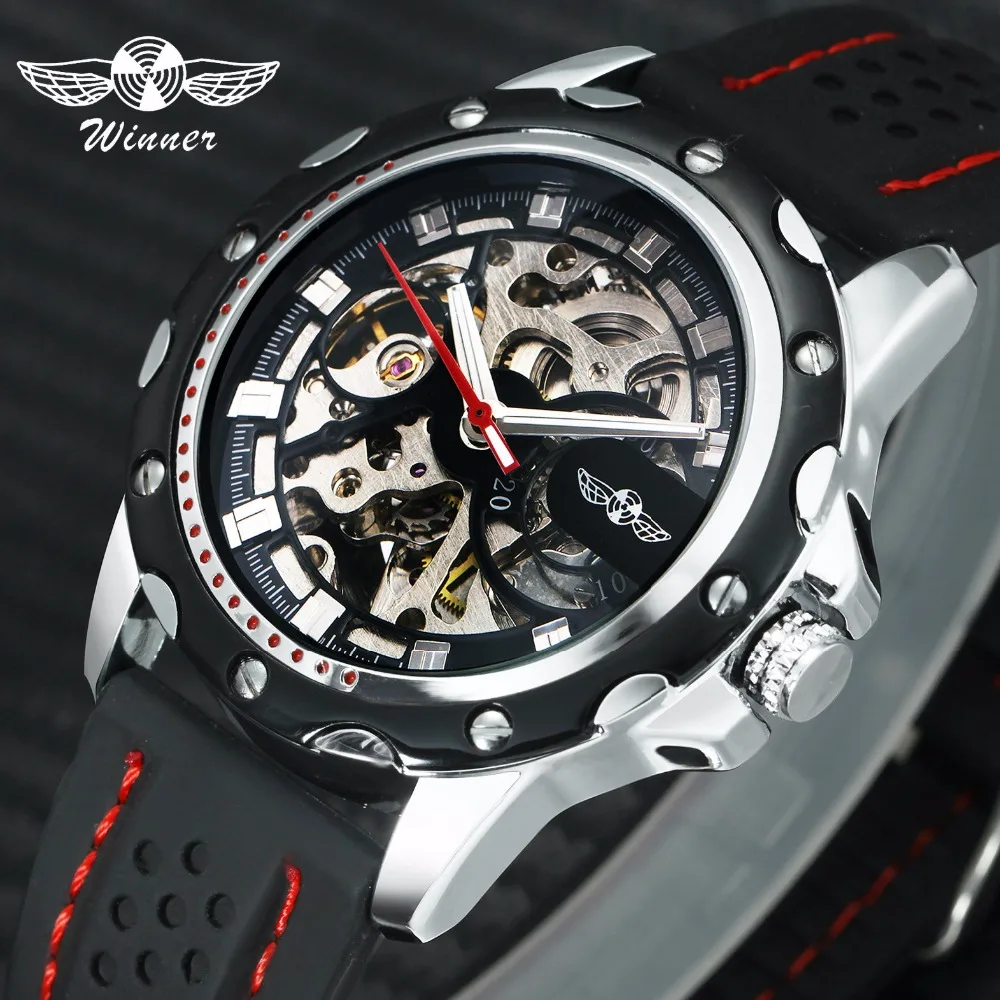 Skup Zwycięzca oficjalne 2019 nowych moda mężczyźni automatyczne mechaniczne zegarki luksusowe marki szkielet świetliste dłonie pasek gumowy zegarek sportowy